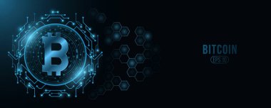 Fütürist Bitcoin dijital para birimi. Bilgisayar işlemcisi. Kripto para madenciliği kavramı. Altıgen desenli. Grafik tasarımı için yüksek teknoloji tasarım engelleme zinciri. Vektör çizimi. EPS 10.