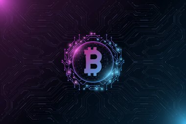 Fütürist Bitcoin dijital para birimi. Büyük işlemci verileri. Kripto para madenciliği kavramı. Grafik tasarımı için yüksek teknoloji tasarım engelleme zinciri. Bilgisayar devre kartı deseni. Vektör çizimi. EPS 10.