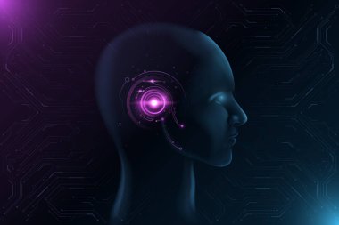 Parlak HUD arayüzü olan gelecekçi bir yüz. Grafik tasarımı için yapay zeka kavramı. Sinirsel ağlar. Bilgisayar devre kartı deseni. Büyük veri işlemcisi. UI ve UX. Vektör çizimi. EPS 10.