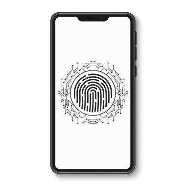 Dokunmatik ekran fütüristik parmak izi taraması olan akıllı telefon. UI ve UX. Modern koyu renkli cep telefonu. Teknolojik yenilik unsuru. Veri koruması. Vektör çizimi. EPS 10.
