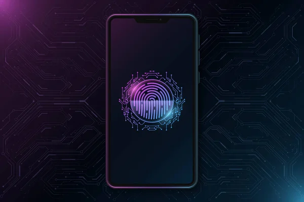 Mockup Smartphone Con Impronte Digitali Futuristiche Sul Touch Screen Sicurezza — Vettoriale Stock