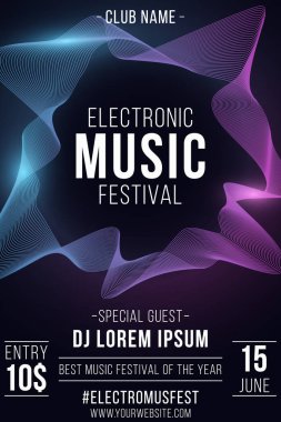 Elektronik müzik festivali posteri. Grafik tasarımı için dalgalı çerçeveli şık bir parti broşürü. Parlak dalgalar. Kulüp ve DJ ismi. Vektör çizimi. EPS 10.