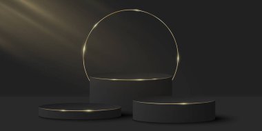 Ürünlerinizi göstermek için minimalist ve zarif bir sahne. Siyah arka planda 3D siyah silindir. Işık etkisi. Platform ya da altın yüzüklü podyum. Moda sunumu için hazırlan. Vektör illüstrasyonu.
