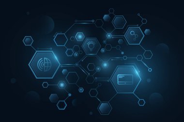 Yazılım için simgelerle parlayan altıgenlerin gelecekteki diyagramı. Yapay Zeka ve sinirsel ağlar. Dijital teknoloji. Büyük veri. Bilim kurgu sunumu. UI tasarımı. Vektör. EPS 10.