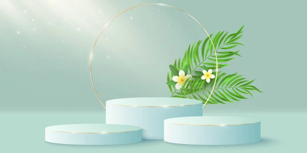 Piédestal Élégant Exotique Cercle Doré Avec Fleur Plumeria Feuille Palmier — Image vectorielle