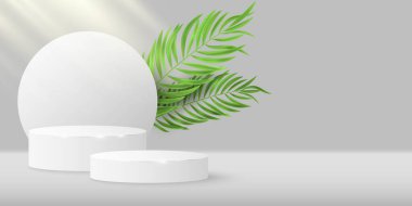 Kozmetik ürününüzü sergilemek için tropik kaide ve daire şeklinde palmiye yaprağı. Sunum için vektör silindiri aşaması. Estetik konsept. Güneş ışığı etkisi. Yaz satışı için egzotik bir model. EPS 10.