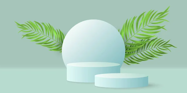 热带风格的基座和圆形与棕榈叶显示您的化妆品 3D矢量气缸舞台演示 美学概念 奇形怪状的模拟夏季销售 Eps — 图库矢量图片