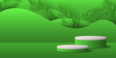 Kozmetik ürününüzü sergilemek için soyut dalgalı şekillerin arka planında palmiye yaprağı olan tropik stil kaidesi. Sunum için 3 boyutlu vektör silindiri aşaması. Yaz tasarımı için egzotik bir model. EPS 10.