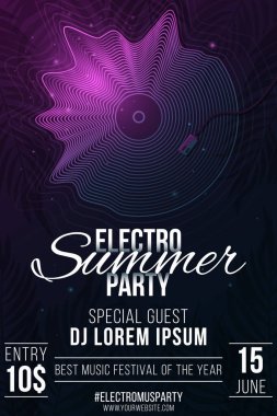 Elektronik Yaz Partisi Posteri. Parlak dalgalı şekillerden yapılmış Retro müzikal plaka. Palmiye ağacıyla tropik bir arka plan. Gece diskosu. Etkinliğin için el ilanı. Kulüp ve DJ ismi. Vektör çizimi. EPS 10.