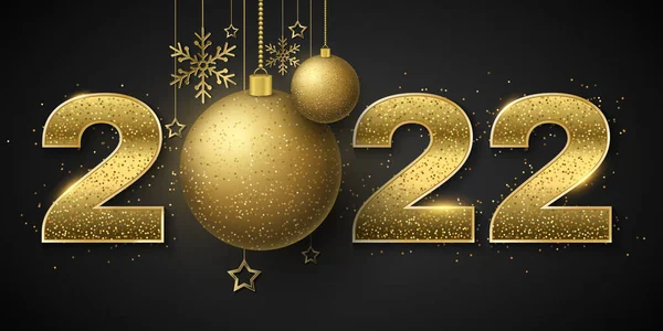 Gelukkig Nieuwjaar 2022 Gouden Glinsterende Cijfers Met Lovertjes Versieringen Van — Stockvector