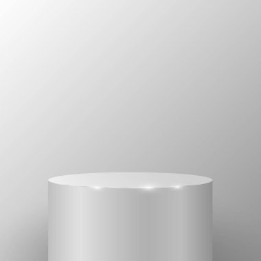 Ürününüzü ya da projenizi sunmak için ışık duvarına yaslanmış gerçekçi yuvarlak bir kaide. Sergi için silindirik podyum. Üç boyutlu sahne. Vektör çizimi. EPS 10.