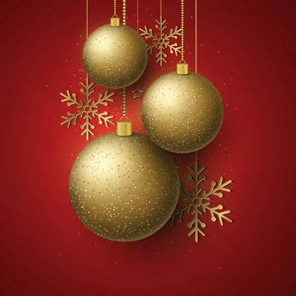 圣诞金光闪闪的球与亮片和黄金雪花 豪华度假玩具 圣诞节模板 红色背景的节日装饰华丽华丽 新年快乐 — 图库矢量图片