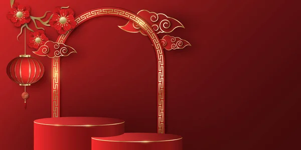Aziatisch Podium Merken Producten Weer Geven Rode Bloemen Met Lantaarn — Stockvector