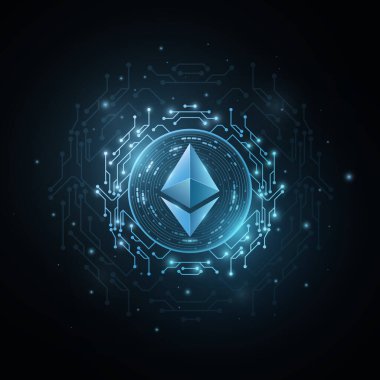 Ethereum kripto para birimi fütüristik bir tarzda. Sancak, web sitesi veya sunum için dijital para. Grafik tasarımı için vektör engelleme zinciri. EPS 10.