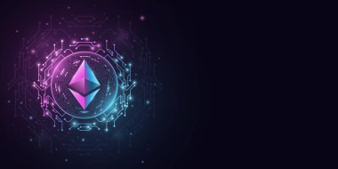 Ethereum kripto para birimi fütüristik bir tarzda. Sancak, web sitesi veya sunum için dijital para. Grafik tasarımı için vektör engelleme zinciri. EPS 10.