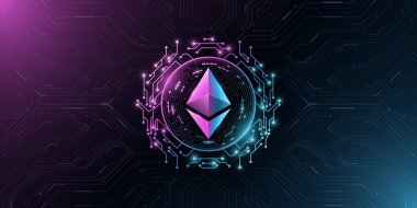 Ethereum kripto para birimi fütüristik bir tarzda. Sanal para: Sancak, web sitesi veya sunum için ETH. Bilgisayar devre kartı. Grafik tasarımı için vektör engelleme zinciri. EPS 10.