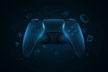 Video oyunları için modern oyun evi. Oyun konsolu için mavi 3D joystick. Soyut geometrik şekiller. Bilgisayar oyunları konsepti. Vektör çizimi. EPS 10.