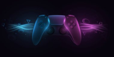 Video oyunları için modern oyun evi. Oyun konsolu için 3D joystick. Geometrik şekillerle soyut ışık efekti. Bilgisayar oyunları konsepti. Vektör çizimi. EPS 10.