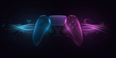 Modern game pad for video games. 3d joystick for game console. Abstract light effect with geometric shapes. Computer games concept. Vector illustration. EPS 10. clipart
