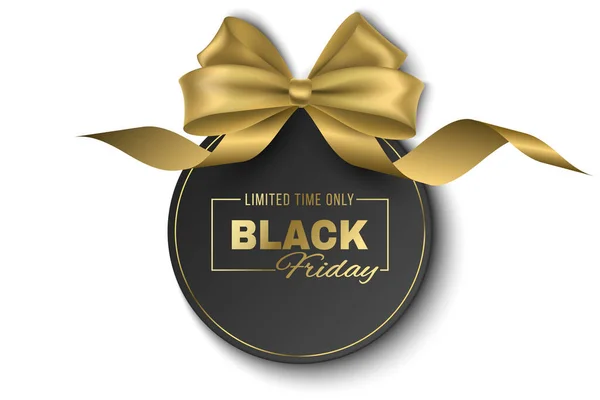 Golden Bow Curly Ribbon Tag Isolated White Background Black Friday — Stock vektor
