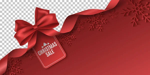 圣诞大甩卖的红色蝴蝶结和带有标签的缎带 向量模板为您的商业促销做广告 商业折扣活动 纸片雪片 Eps — 图库矢量图片