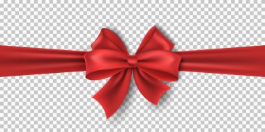Yeni yıl, parti, indirim ya da doğum günü için şeffaf arkaplanda yay bulunan gerçekçi kırmızı kurdele. Lüks, ipek bant. Tatil için vektör öğesi. EPS 10