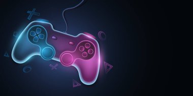 Video oyunları için kablolu modern oyun rampası. Oyun konsolu için neon parıltılı vektör joystick. Soyut geometrik semboller. Dizaynınız için bilgisayar oyunları konsepti. EPS 10