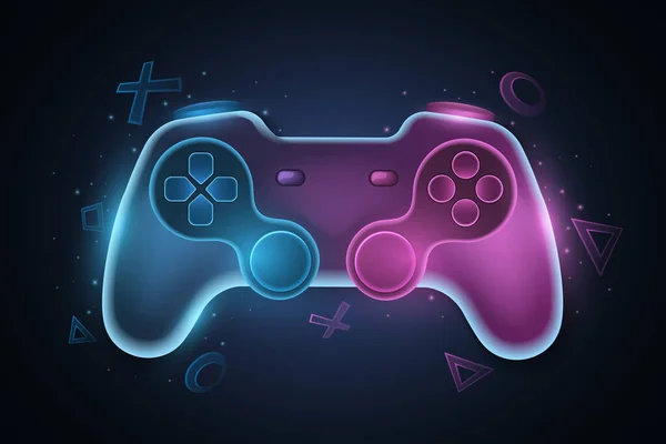 ビデオゲームのための未来的なゲームパッド ゲーム機用のネオンライト付きベクトルジョイスティック 抽象幾何学記号 あなたのデザインのためのコンピュータゲームの概念 Eps — ストックベクタ