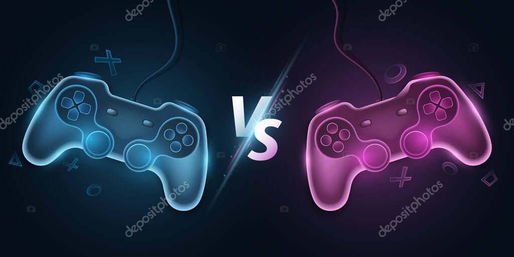 Versus template with modern gamepads. VS screen for sport video games, match, tournament, e-sports competitions. Joystick for console. Game concept design. Vector illustration. EPS 10