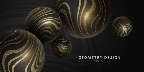 Vector Esferas Con Oro Brillante Patrón Rayas Onduladas Diseño Geometría — Archivo Imágenes Vectoriales