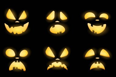 Cadılar Bayramı 'nda siyah arka planda izole edilmiş korkunç parlayan gözleri olan bir dizi karikatür duygusal yüzü. Karakterlerin farklı yüzleri. Vektör çizimi. EPS 10