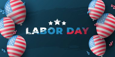 İşçi Bayramı kapak tasarımı. Amerikan bayrağı desenli 3D balonlar ve mavi arka planda grunge tarzı harfler. ABD tatil afiş şablonu. Vektör çizimi. EPS 10