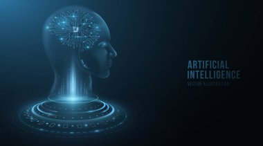 Yapay zekaya sahip bir sayborg adamın dijital holografik yüzü. Gelecekçi insanımsı büyük verileri analiz ediyor. Teknoloji geçmişi. Sinirsel ağ. Vektör çizimi. EPS 10