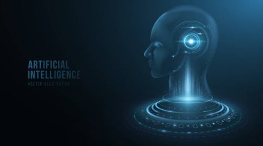 Kafasında HUD elementleri olan bir sayborg adamın dijital holografik yüzü. Yapay zeka konsepti. Modern teknoloji geçmişi. Gelecekçi insansı. Vektör çizimi. EPS 10
