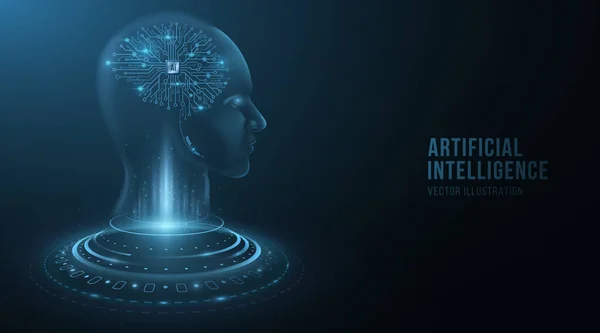 Faccia Olografica Digitale Uomo Cyborg Con Cervello Artificiale Umanoide Futuristico — Vettoriale Stock
