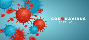 Coronavirus 2019-nCoV. Hastalık hücreleri ve kan hücresi var. Patojen organizması. Covid-19 salgını bulaşıcı hastalık. Hücresel enfeksiyon. 3 boyutlu yeşil ve kırmızı virüs modeli. EPS 10