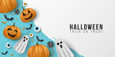 Mutlu Cadılar Bayramı şablonları. 3D duygusal, çizgi film, gülümseyen balkabakları gözler, şekerler, lolipoplar, uçan yarasalar, mavi arka plandaki hayalet. Parti davetiyesi kapağı. Vektör illüstrasyonu