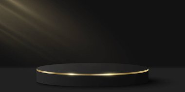 Ürününüzü göstermek için hafif efektli zarif bir podyum. Siyah arkaplanda 3 boyutlu silindir. Lüks bir platform ya da sahne. Moda sunumu için bir model. Vektör illüstrasyonu