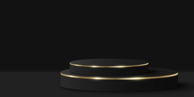 Ürününüzü göstermek için şık bir siyah ve altın podyum. Siyah arkaplanda 3 boyutlu silindir. Lüks bir platform ya da minimum bir sahne. Moda sunumu için bir model. Vektör illüstrasyonu