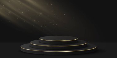 Ürününüzü göstermek için hafif efektli minimal VIP kürsüsü. Siyah arkaplanda 3 boyutlu silindir. Lüks bir platform ya da sahne. Moda sunumu için bir model. Vektör illüstrasyonu