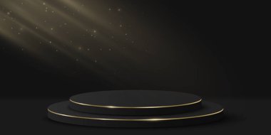Ürününüzü göstermek için hafif efektli minimalist lüks podyum. Siyah arkaplanda 3 boyutlu silindir. Platform ya da sahne. Moda sunumu için bir model. Vektör illüstrasyonu