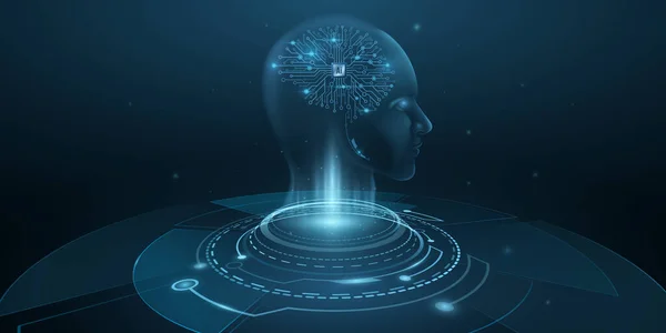 Cara Holográfica Digital Hombre Cyborg Con Cerebro Inteligencia Artificial Humanoide — Vector de stock
