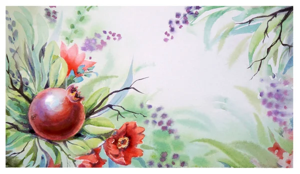 Ilustración de acuarela con granada madura y flores con fondo de acuarela. Imagen de archivo