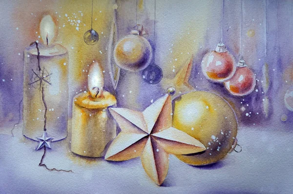 Brinquedos de Natal e velas. Cartão postal de Natal aquarela. Imagem De Stock