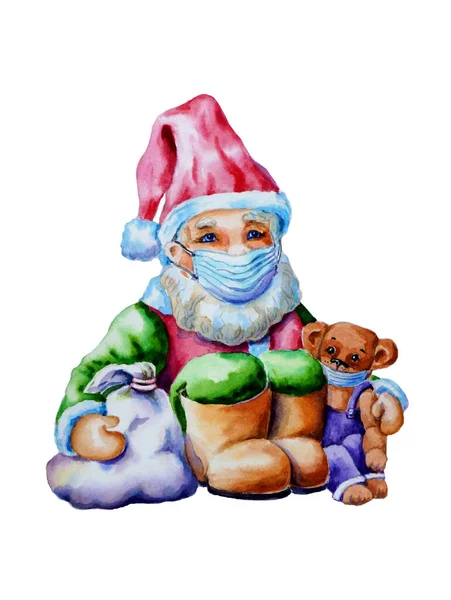 Ilustração de aquarela de anos novos com um gnomo em uma máscara médica, um saco de presentes e um urso de pelúcia em um fundo branco. Ano Novo Coronavirus. Fotografia De Stock