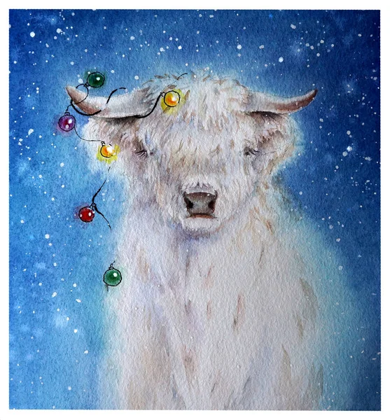 El símbolo de 2021, un toro blanco sobre un fondo azul acuarela con nieve Imagen de stock