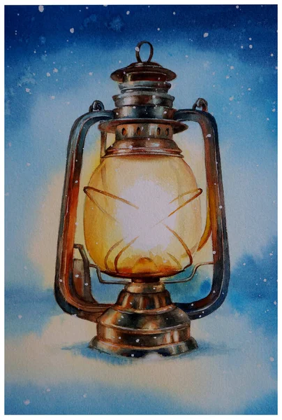 Ilustración en acuarela de una vieja linterna de cobre en la nieve contra el cielo azul y la nieve que cae. Imágenes de stock libres de derechos