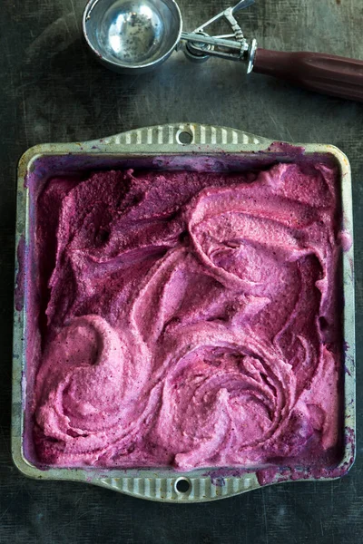 Homemade Cherry Yoghurt Ice Cream Square Tin — Stock Photo, Image