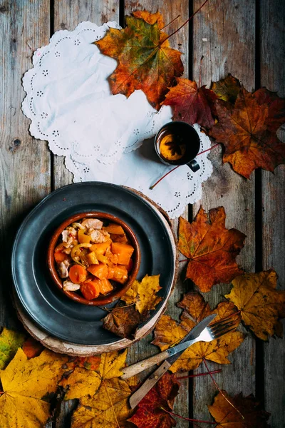 Chicken Curry Pumpkin Cup Tea Autumn Leaves — Stock Photo, Image