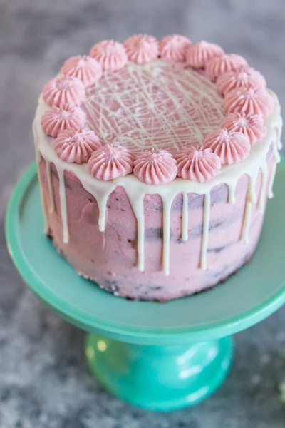Zbliżenie Strzał Pyszne Ciasto Czekoladowe Różowym Lukrem — Zdjęcie stockowe